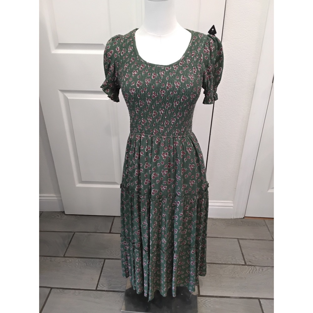 Piper & Scoot XS Green Floral Smocked Midi Dress Puff Sleeve Tiered Cottagecore